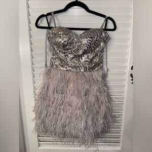 NWT ISIS BEBE Silver Sequin and Feather Dress size XS